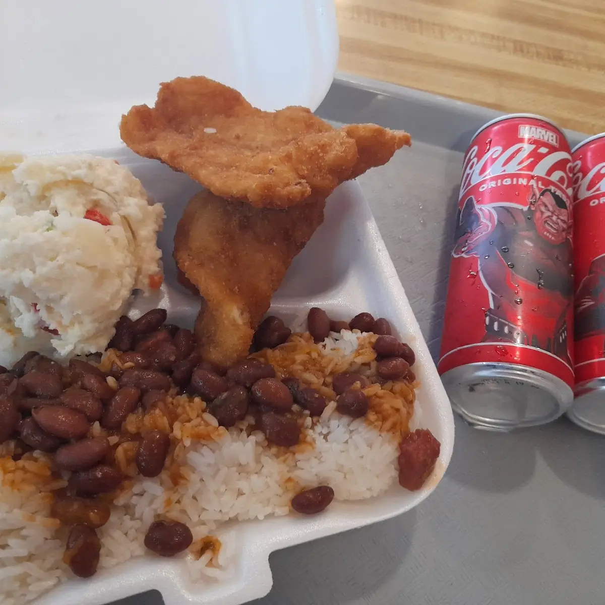 White Rice and Beans Potato Salad and Fish