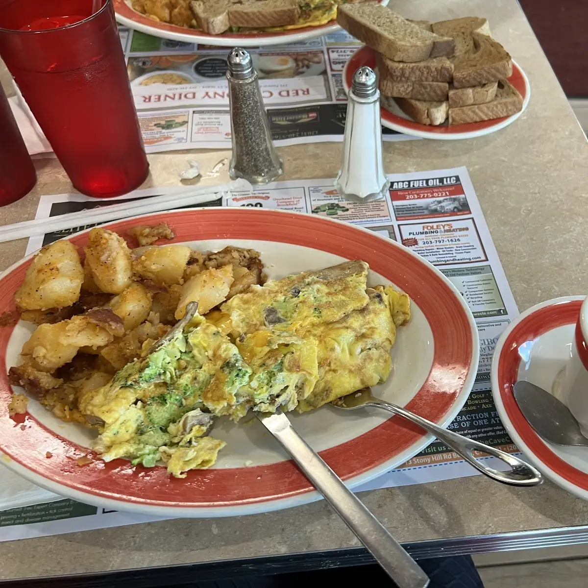Potatoes with Broccoli Omelet Mushrooms Added Separately and Cheddar Cheese