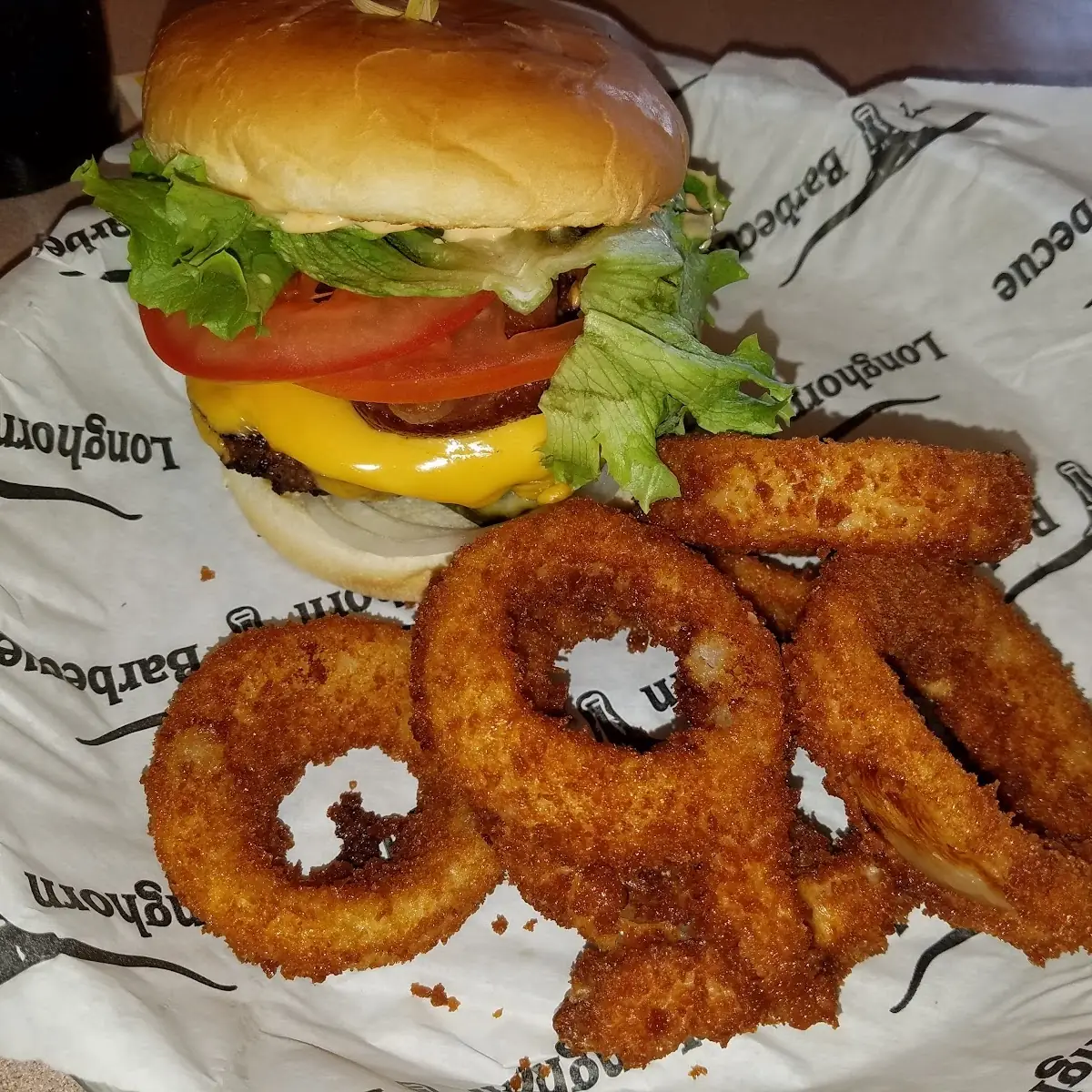 Bronco Burger and Onion Rings