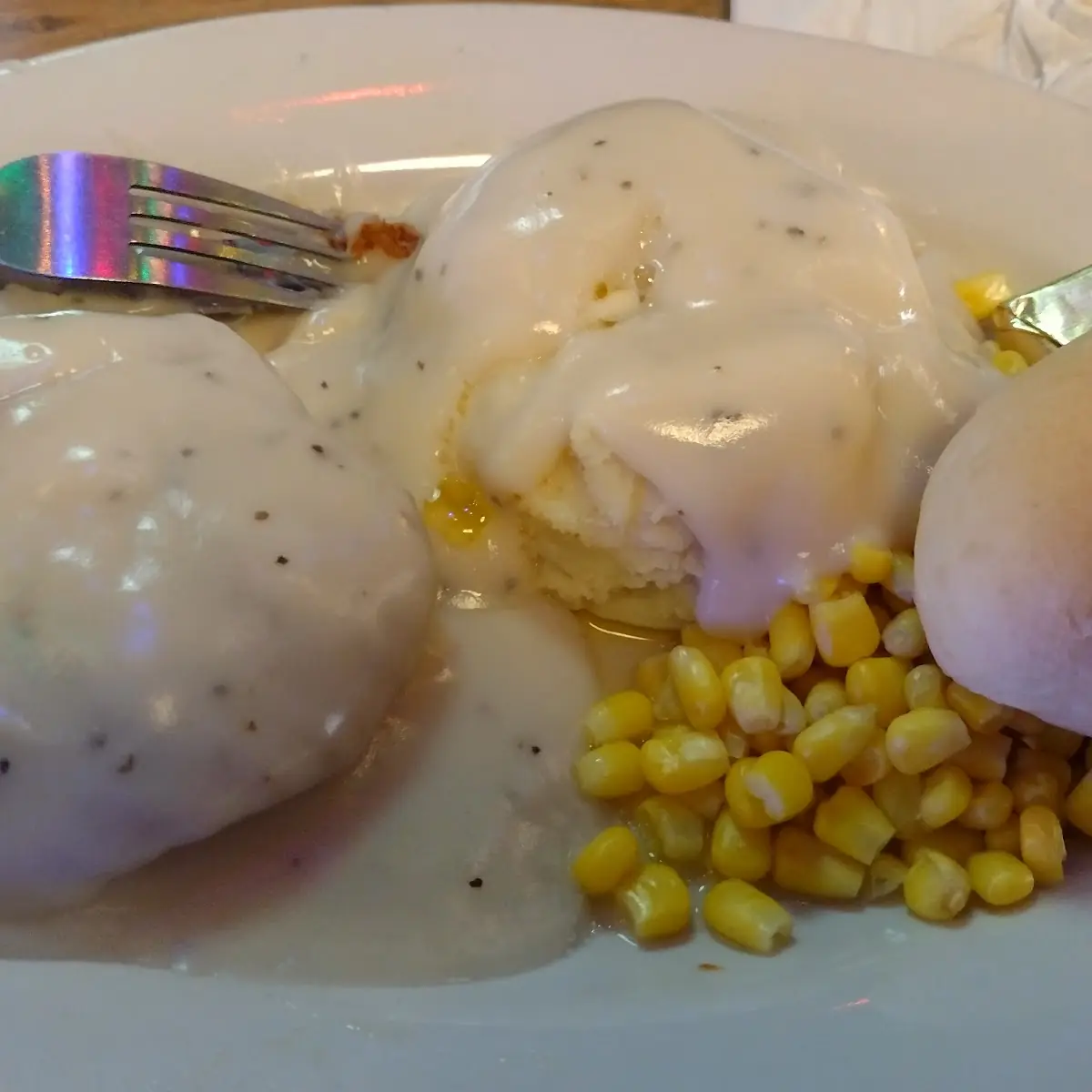 Chicken Fried Chicken Mashed Potatoes and Gravy and Corn