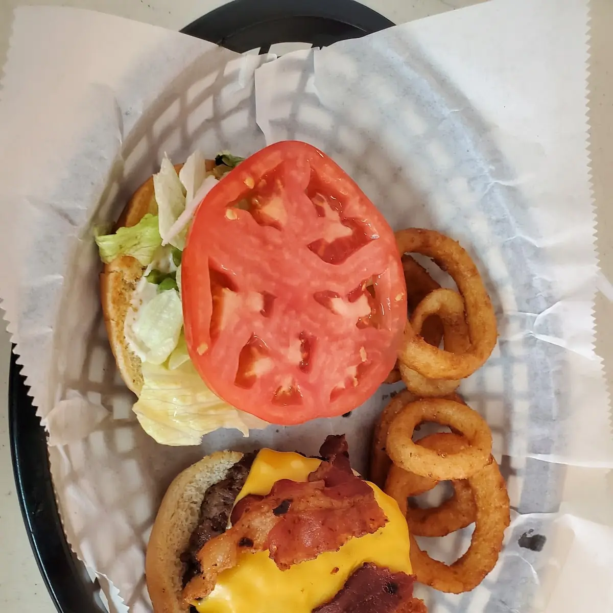 Bacon Cheese Burger and Onion Rings
