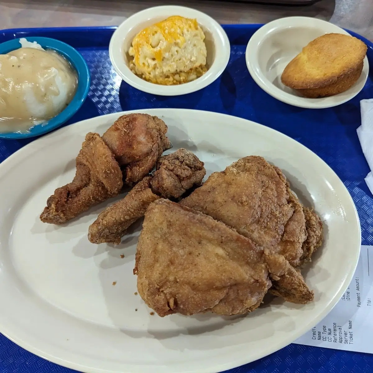 Fried Chicken with Mac and Cheese Sweet Potatoes and Cornbread
