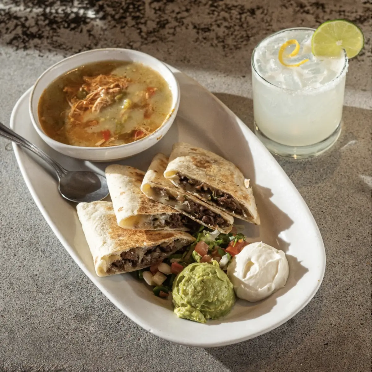Chicken Quesadilla and Green Chili Soup