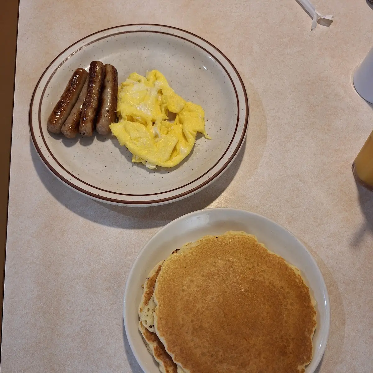 Pancakes Scrambled Eggs and Sausage Links