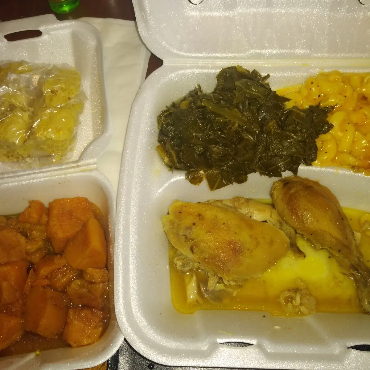 Baked Chicken Greens Mac & Sweet Potatoes with Cornbread