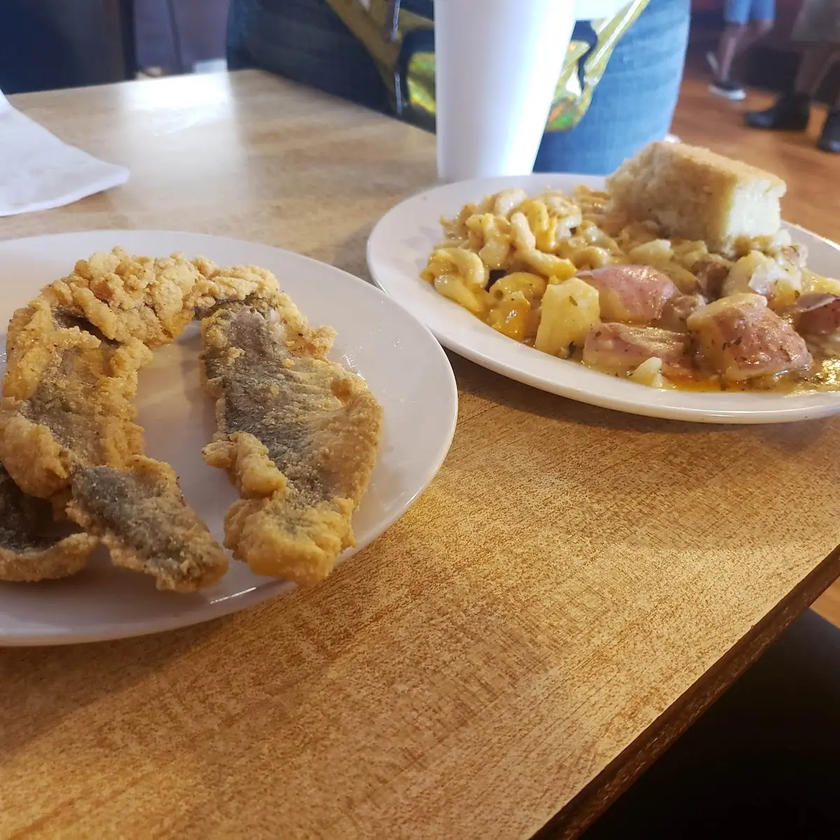 Fried Fish Potatoes Mac Running Cheese