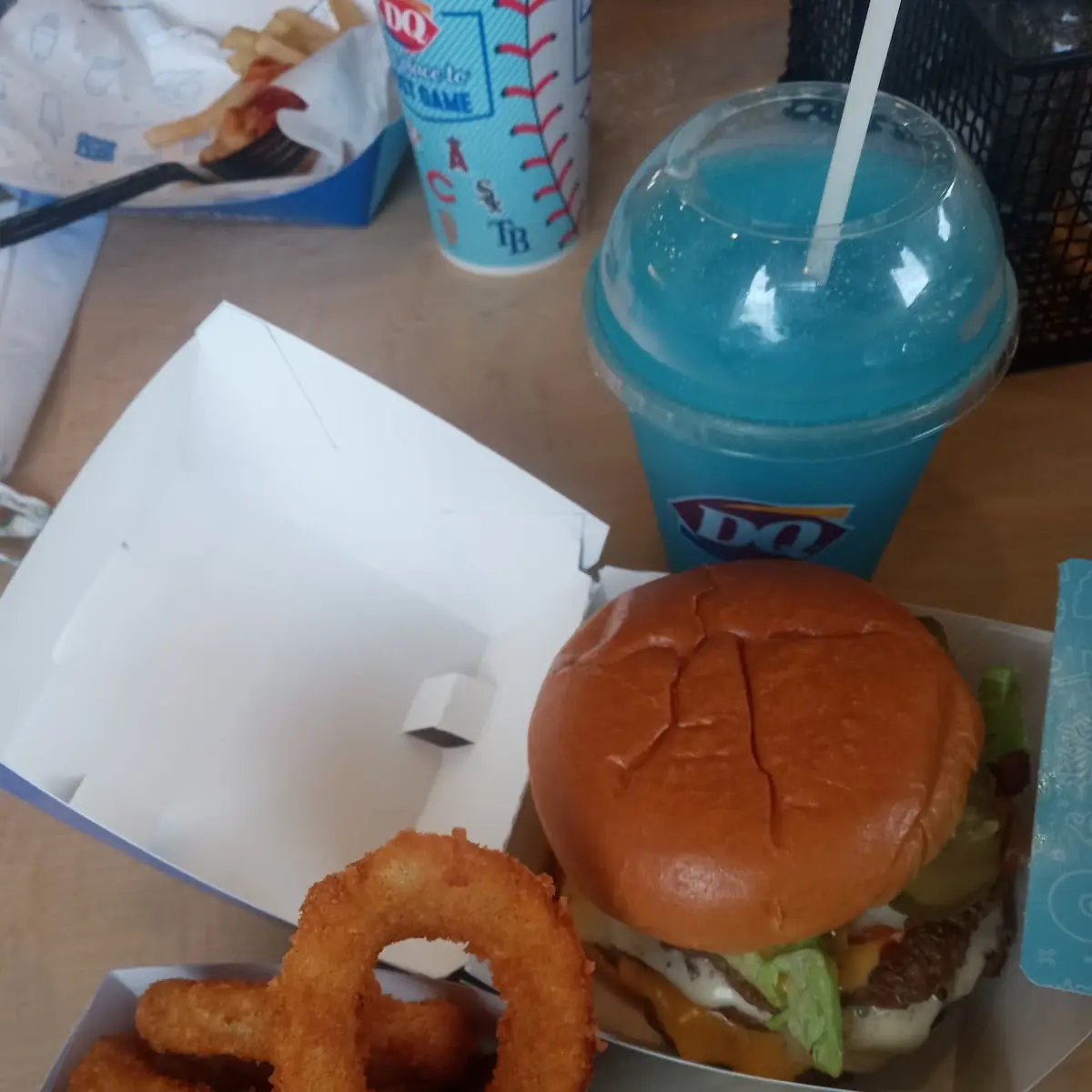 Triple Cheeseburger and Onion Rings