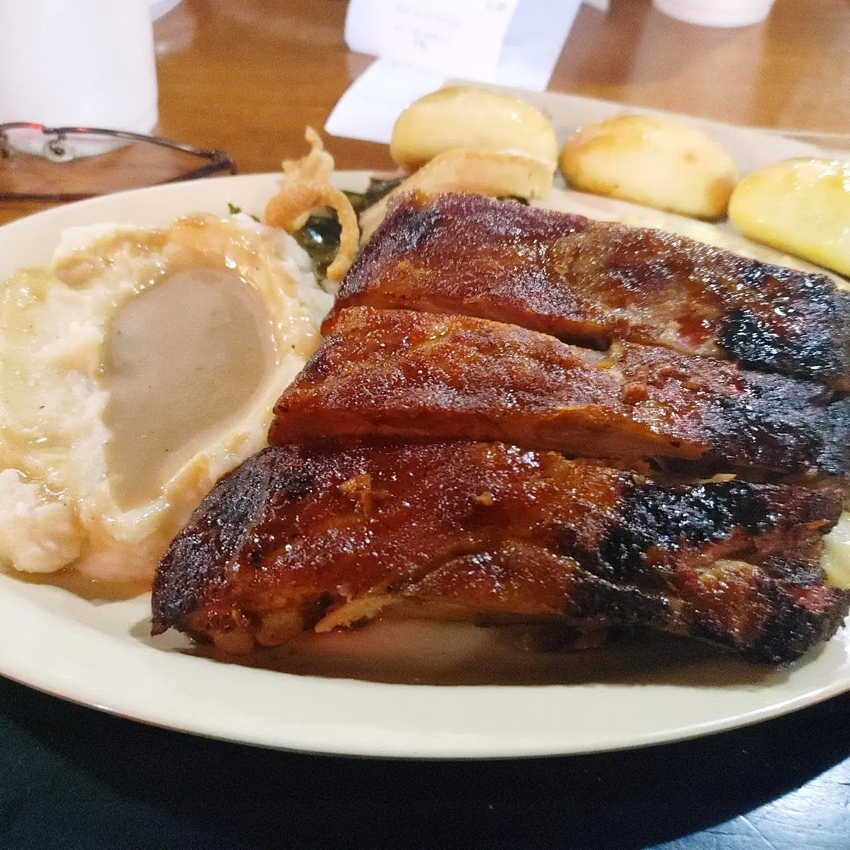 BBQ Ribs Mashed Potatoes and Creamed Corn