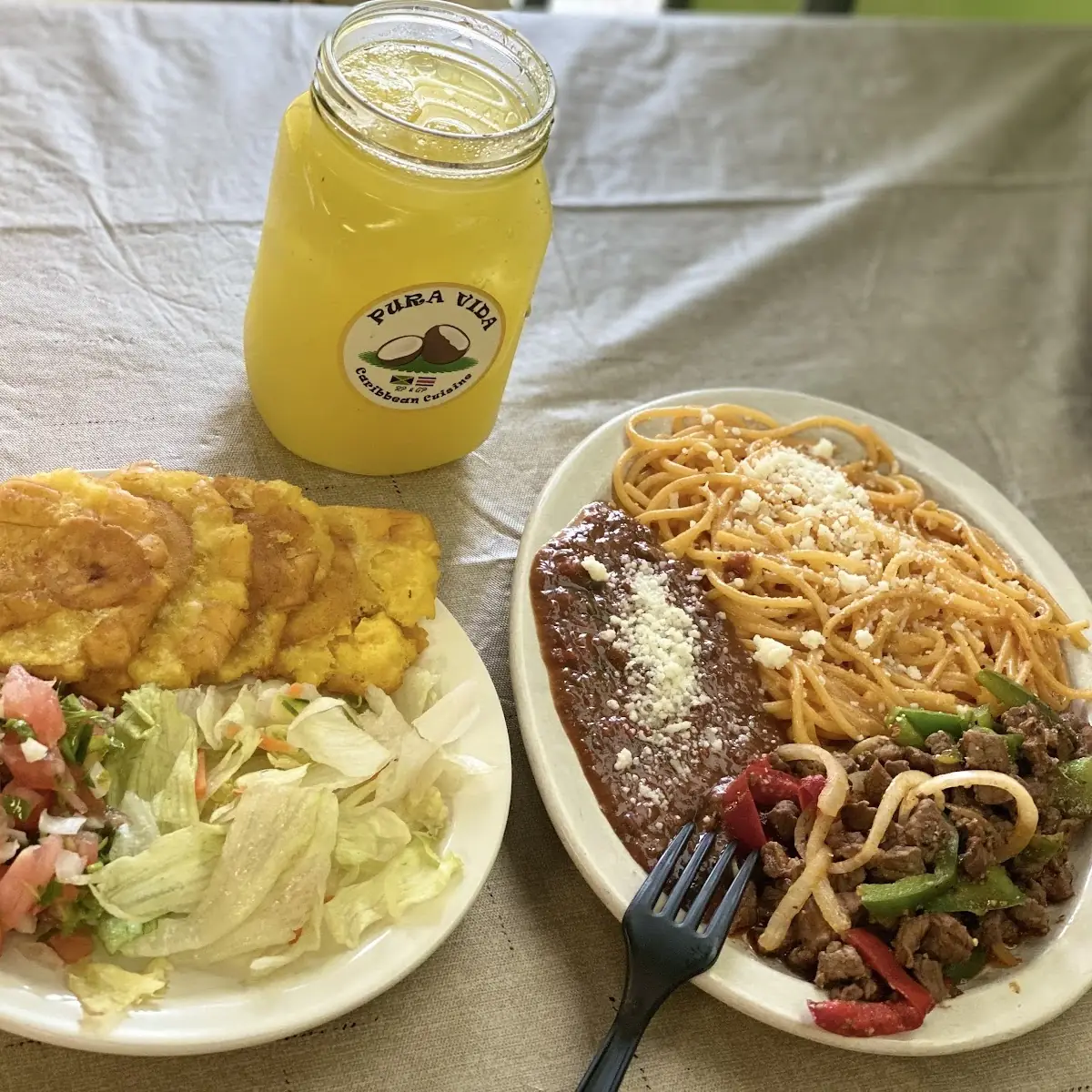 Bochinche De Casado Costa Rican Spaghetti with Steak Avocado Salad and Plantain
