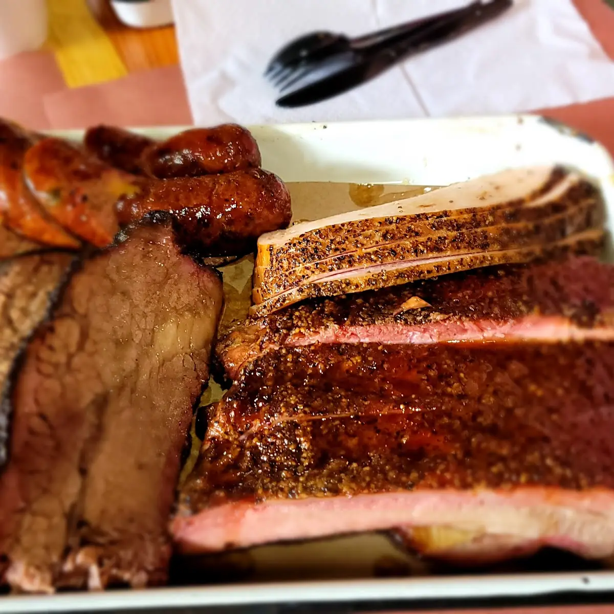 Brisket Pork Ribs Regular Sausage and Bacon Ranch Taters