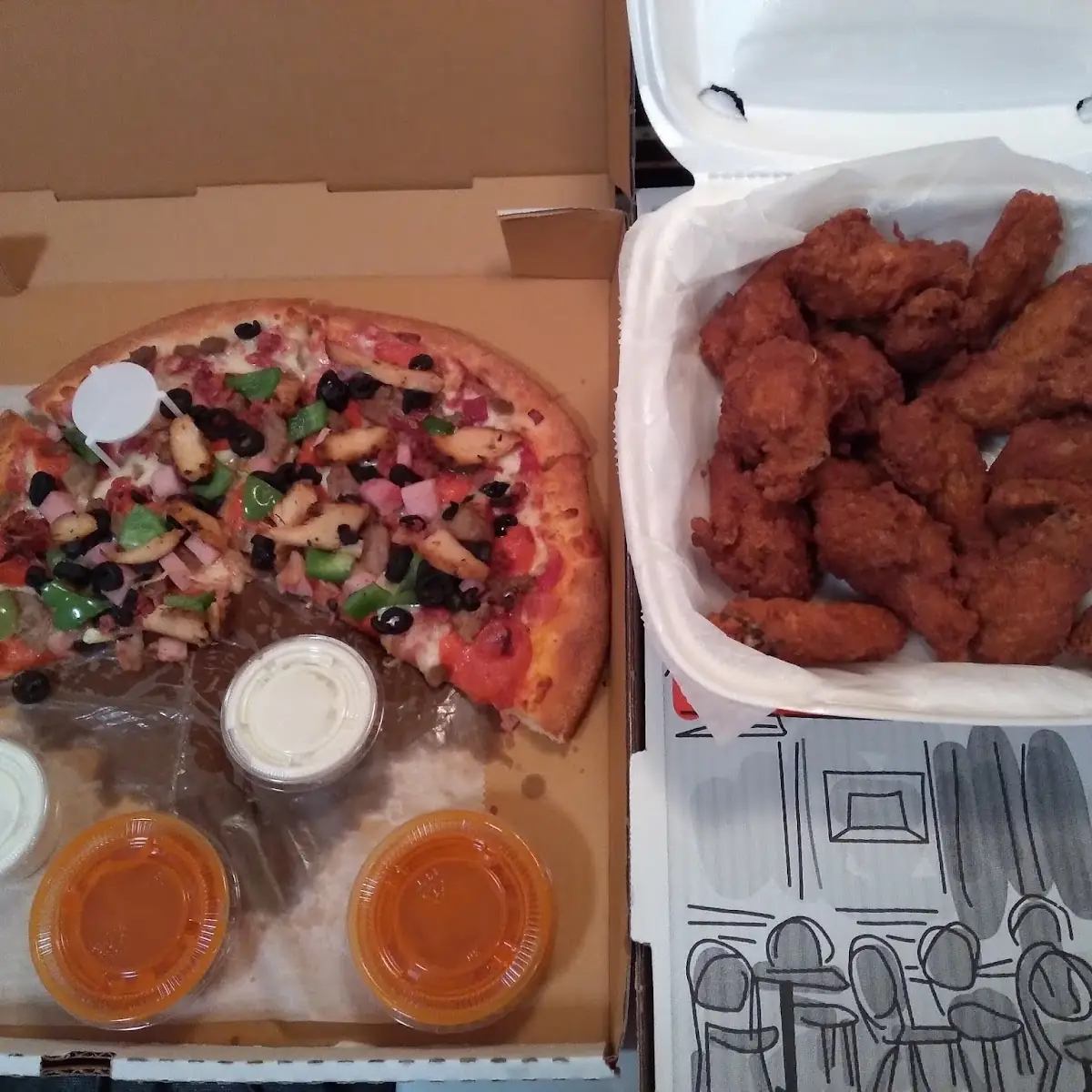 Hot Chicken Wings and Meat Lovers Pizza