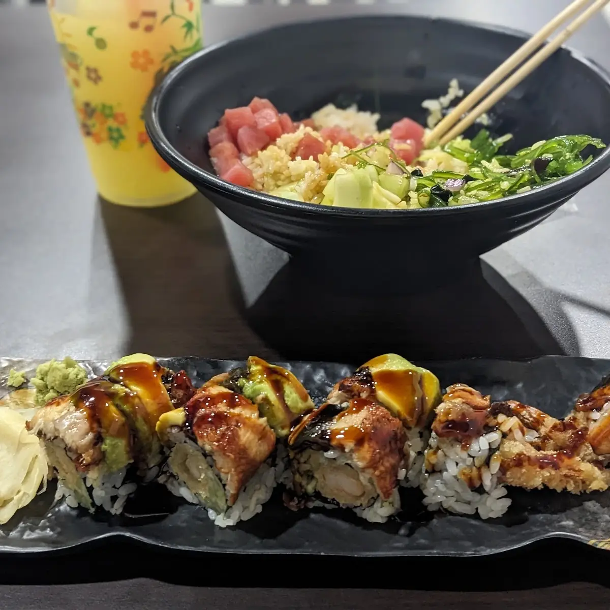Dragon Roll and Tuna Poke Bowl