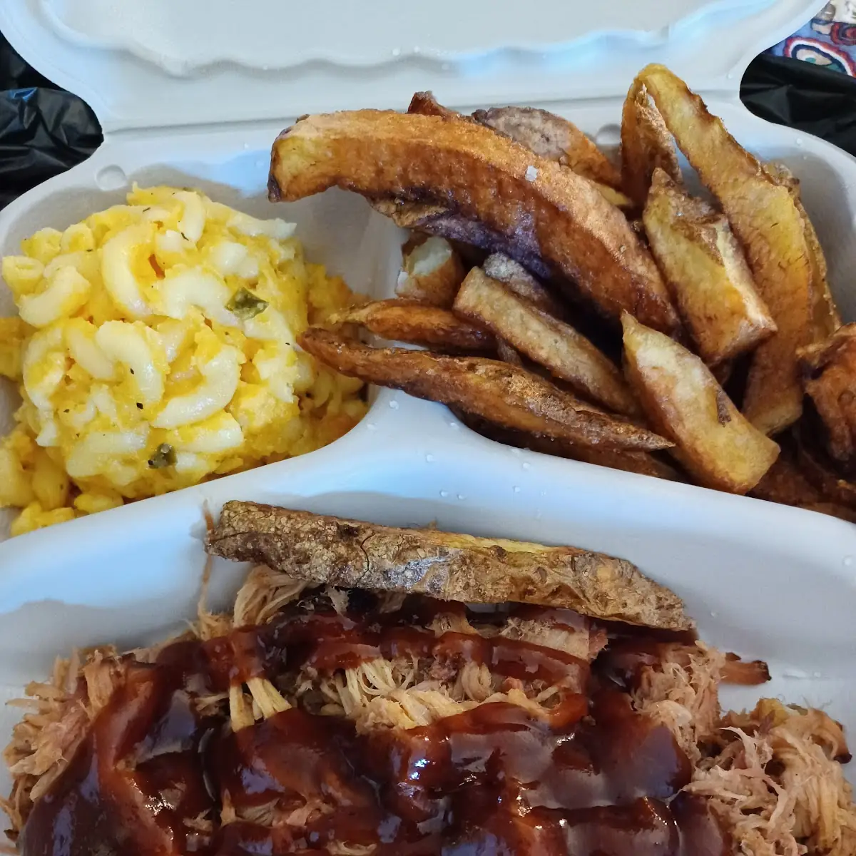 Pulled Pork Dinner with Mac and Cheese and Fries