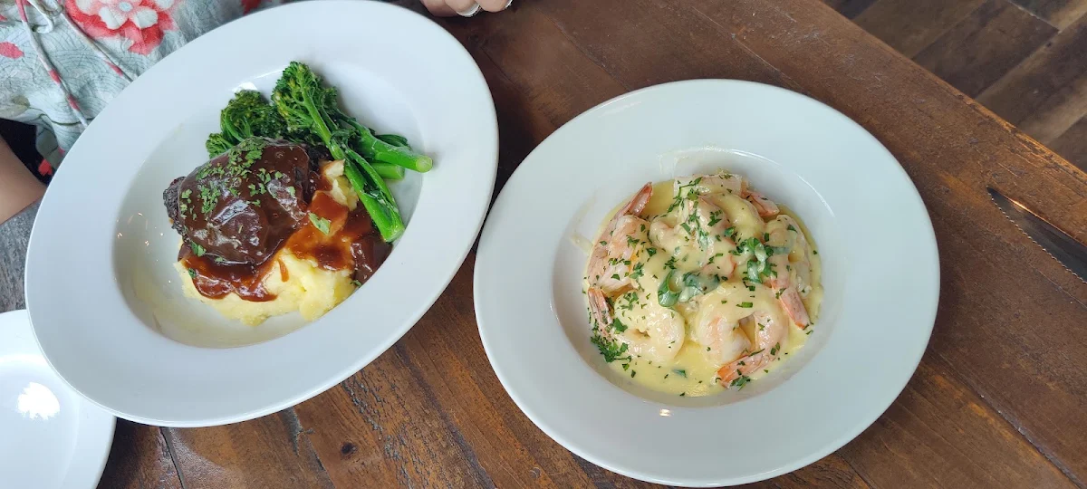 Beef Cheeks with Mashed and Creamy Garlic Prawns with Rice, Briars Restaurant