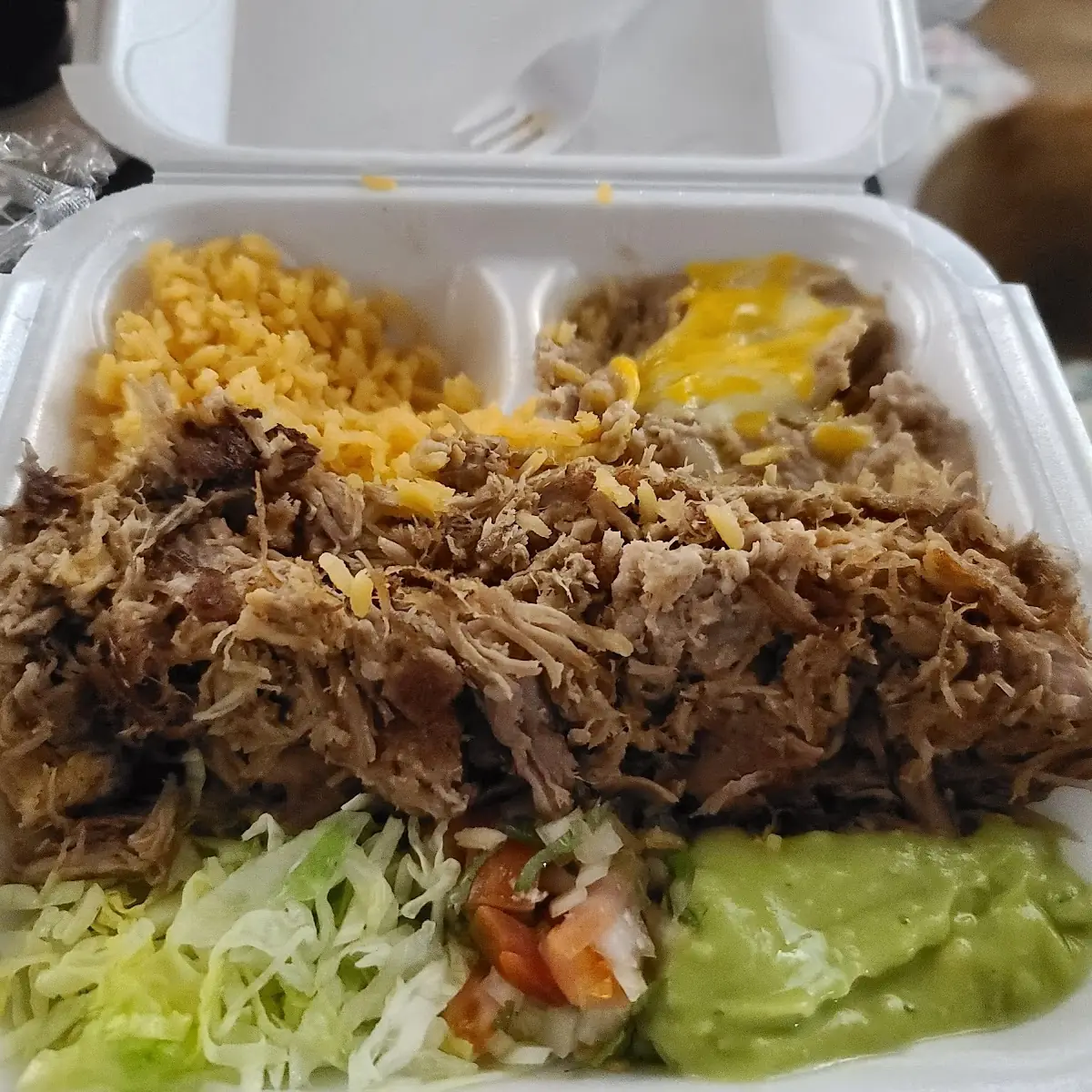 Carnitas Plate with Rice and Beans Pulled Pork Served with Guacamole and Salad