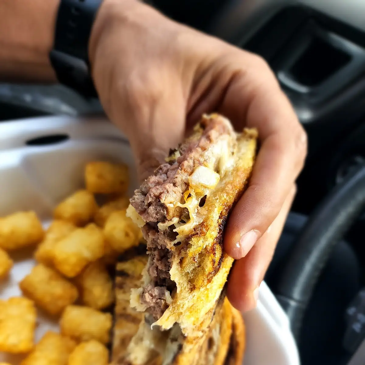 Patty Melt Burger and Tots