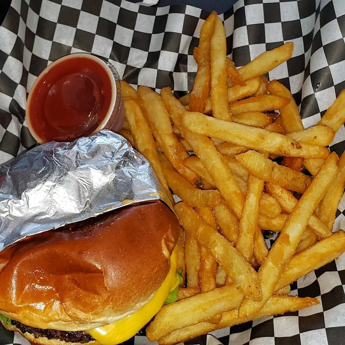 Fat Shack Single Cheese Burger and Fries