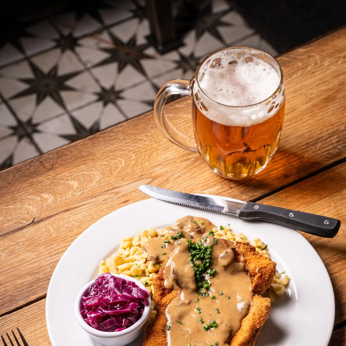 Jager Schnitzel with Spaetzle