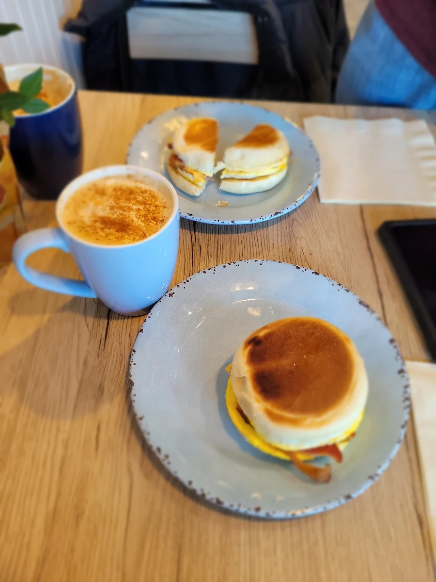 Bacon Egg and Cheese Sandwich with White Cinnamon Mocha