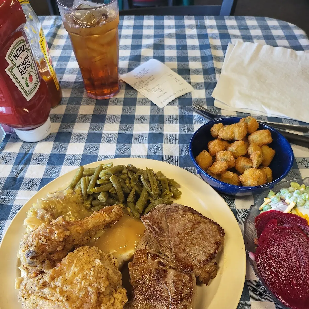Mashed Potatoes and Gravy Green Beans Fried Chicken Pork Chops