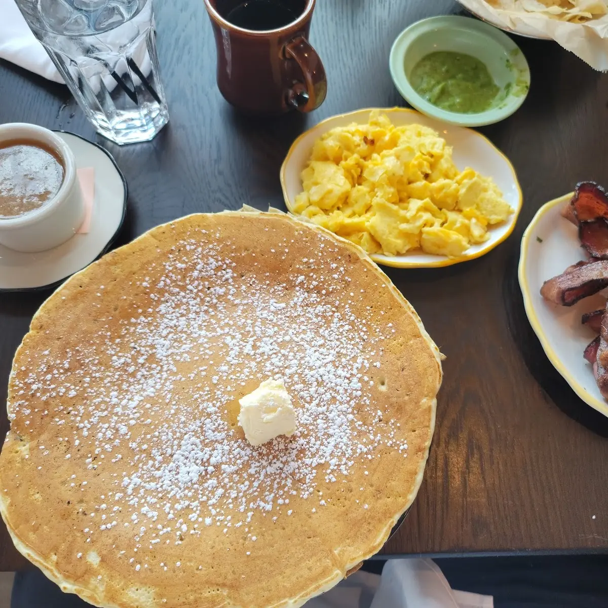 Pancakes Scrambled Eggs and Bacon