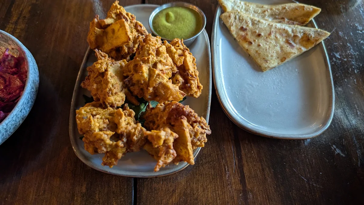 Potato and Cauliflower Pakoras with Fresh Mango Mint Chutney