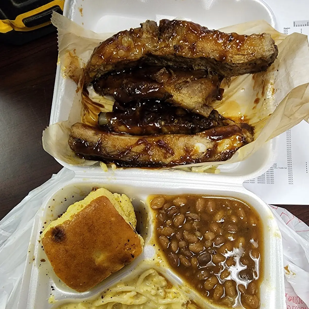 BBQ Ribs, Mac & Cheese, Baked Beans, Potato Salad