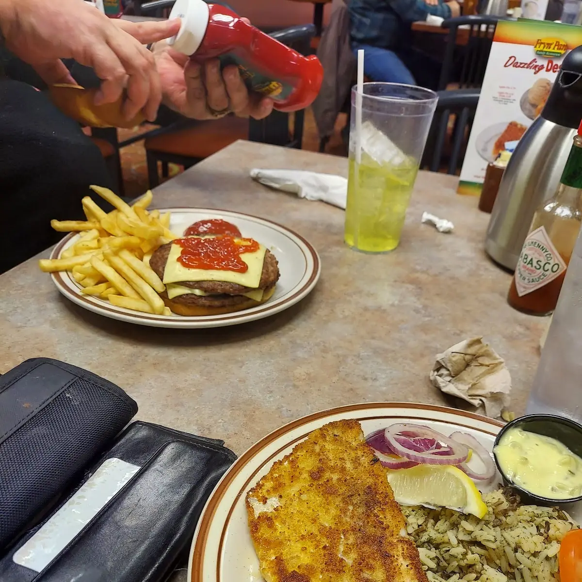 Walleye Rice & Wild Rice & Double Cheeseburger with Fries
