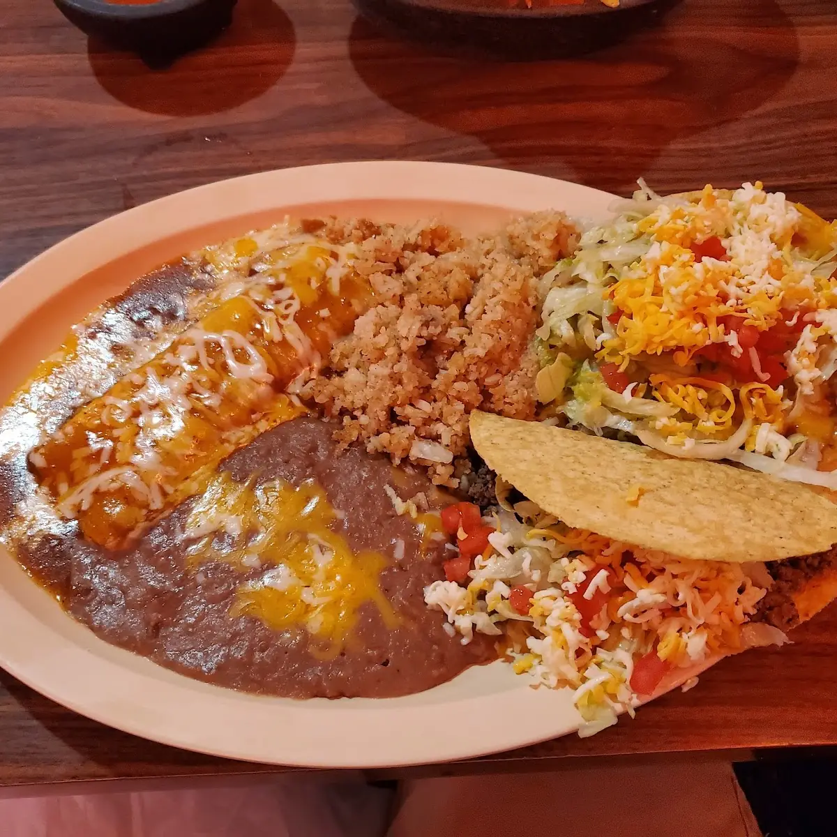 Combination Crispy Beef Taco Chalupa Tostada Cheese Enchilada Rice and Beans