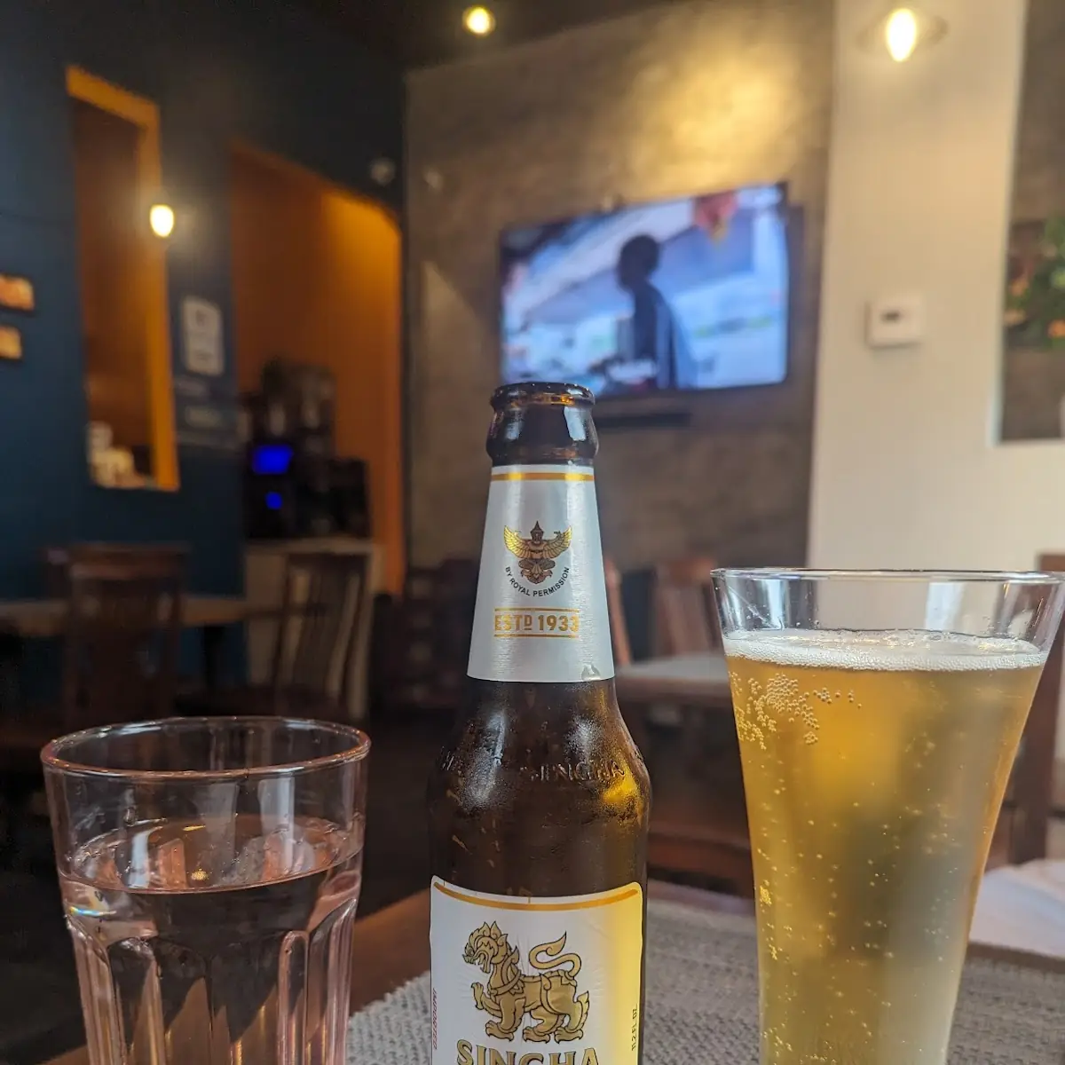Singha Lager Beer and Glass