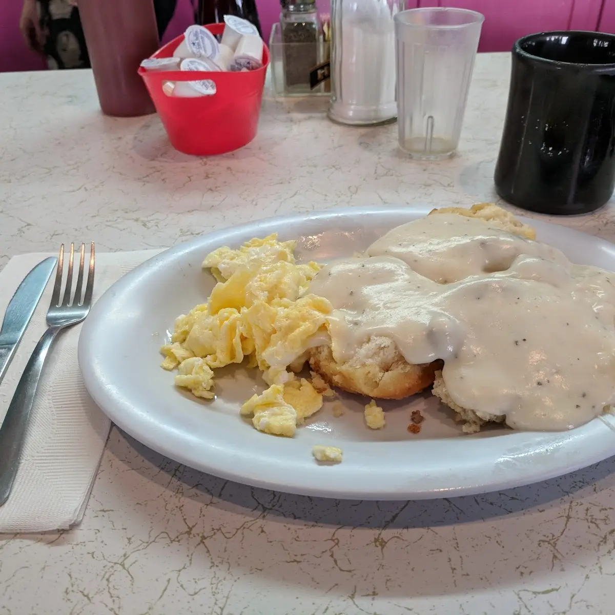 Scrambled Eggs with Biscuits and Gravy