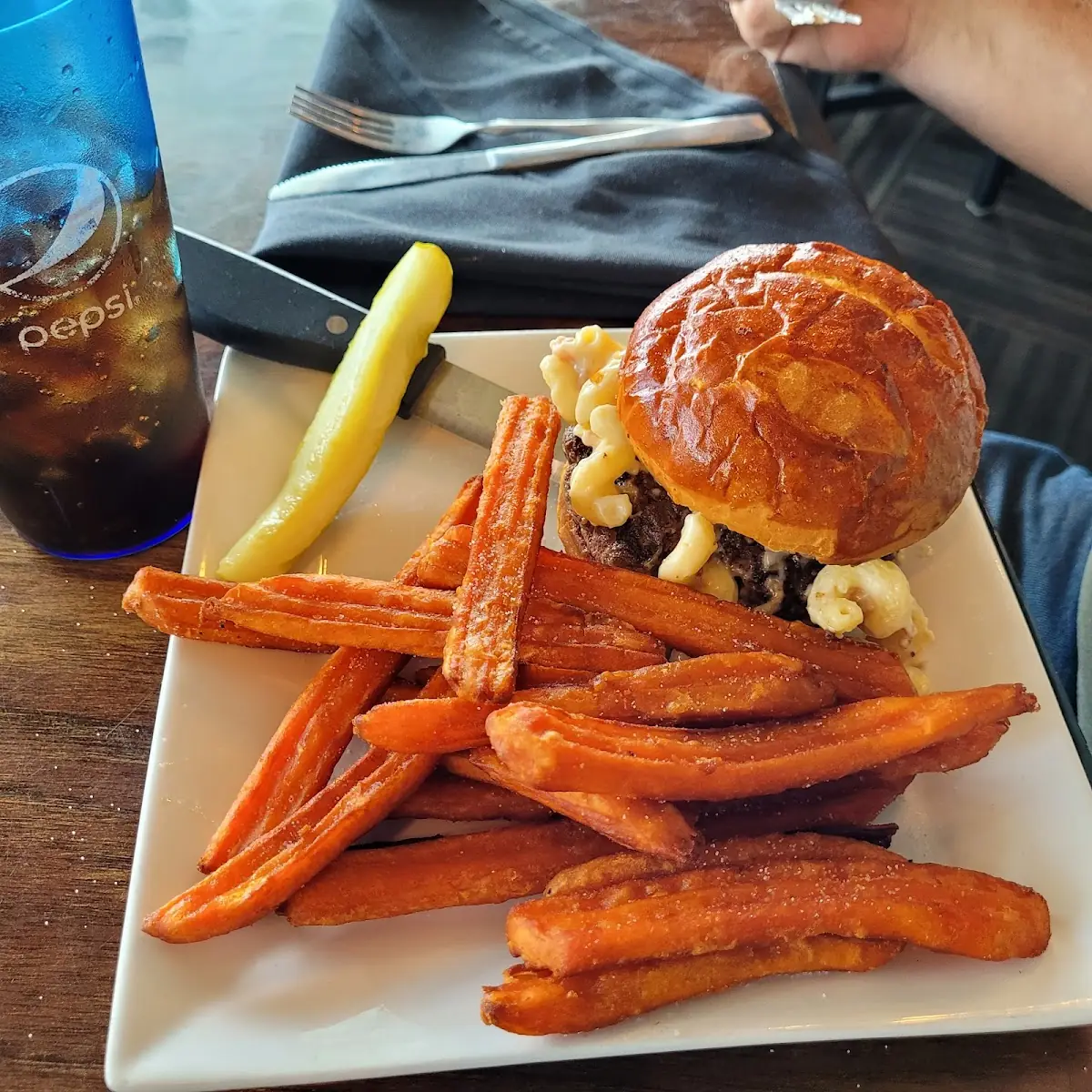 Mac & Cheese Burger and Sweet Potato Fries