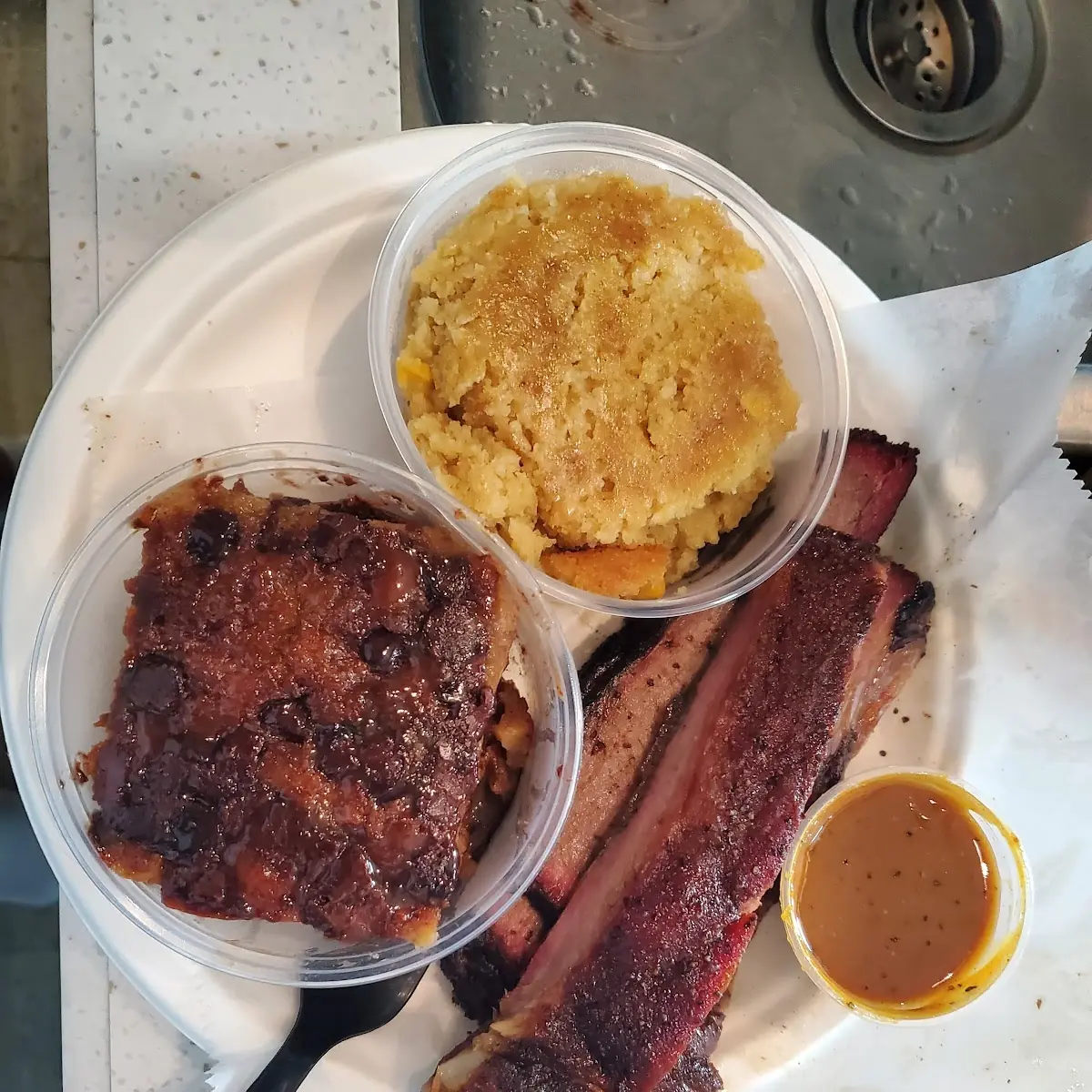 Ribs and Brisket with Corn Bread Pudding and Chocolate Chip Bread Pudding