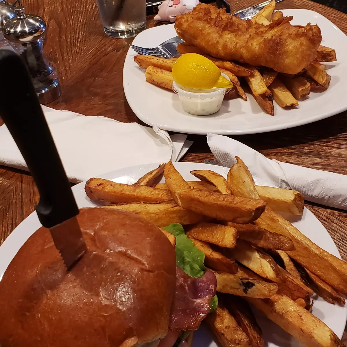 Fish and Chips in Back Pub Burger in Front