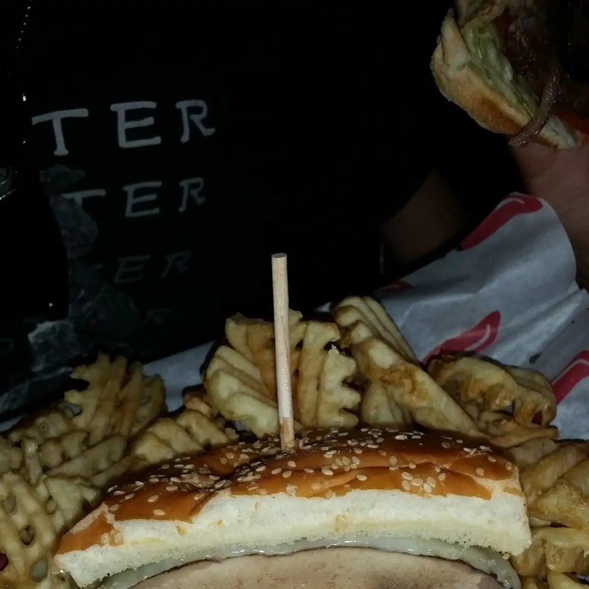 Mushroom Burger and Waffle Fries