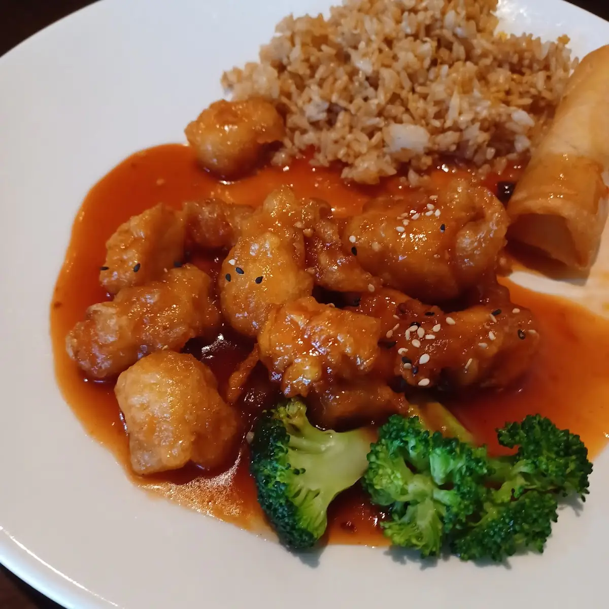Sesame Chicken with Fried Rice & Egg Roll