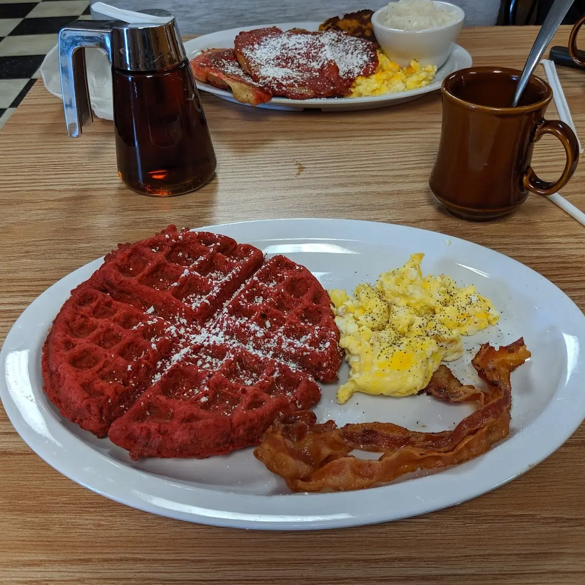 Red Velvet Waffles Eggs and Bacon
