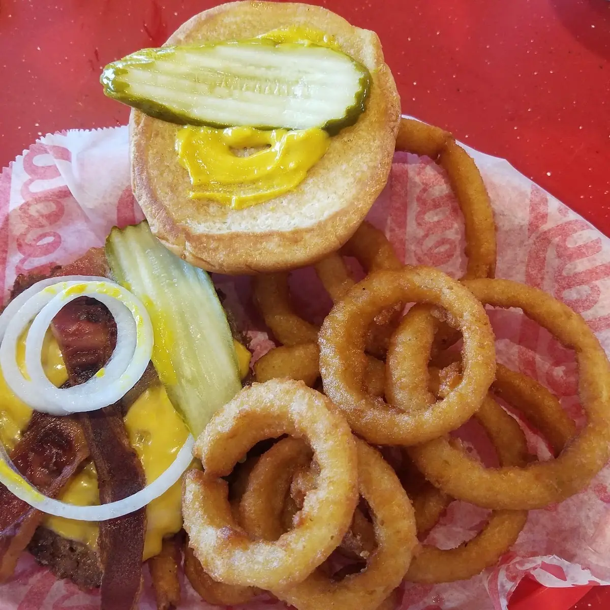 Double Bacon Cheeseburger with Onion Rings
