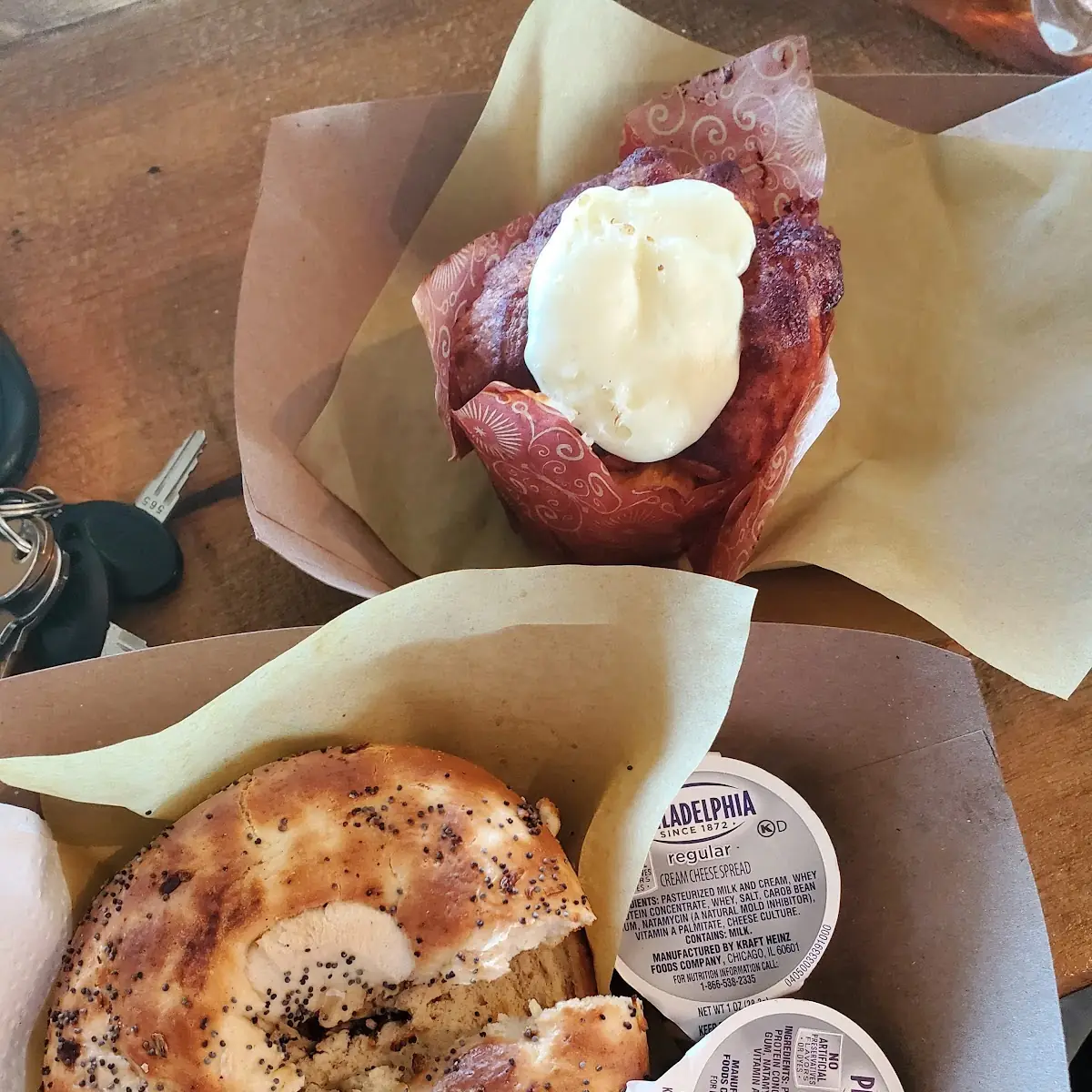 Bagel with Cream Cheese and Their Cinnamon Roll