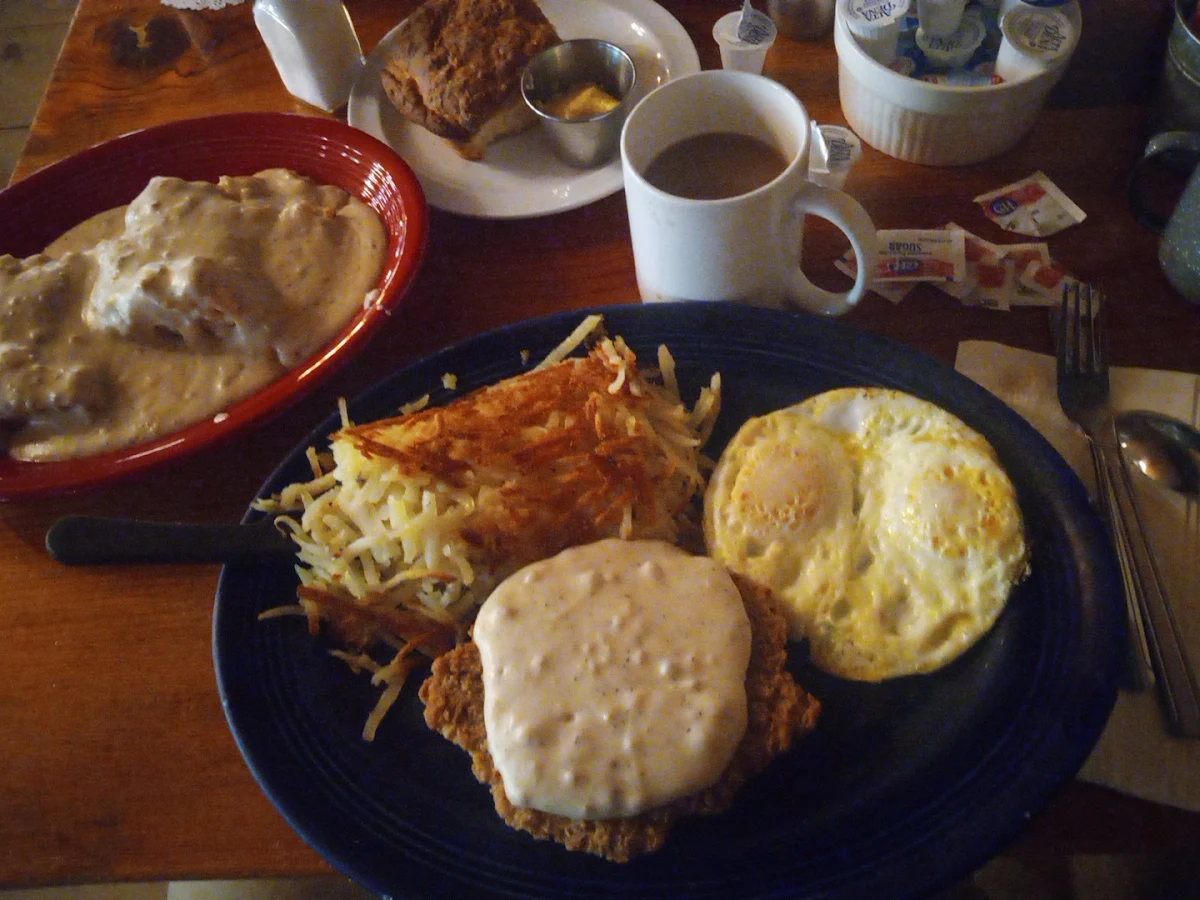 Country Fried Steak and Eggs with Biscuits and Gravy