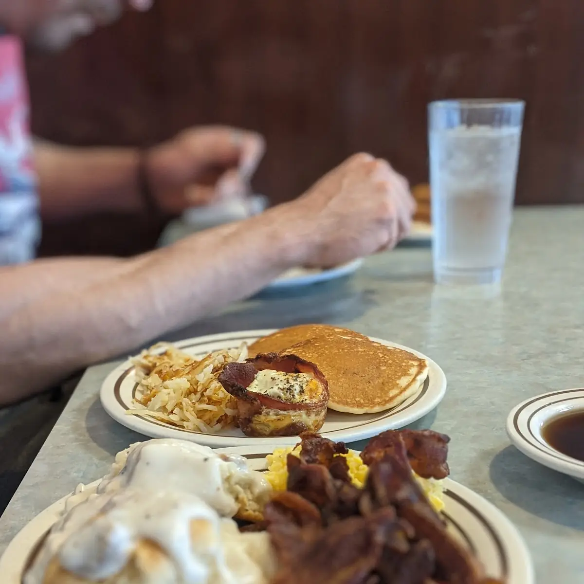 Breakfast Buffet- Biscuits Sausage Gravy Pancakes Bacon Eggs Hashbrowns