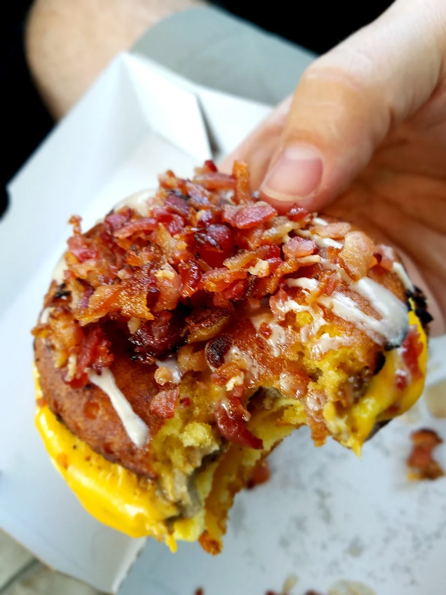 Bacon Egg and Cheese with Maple Drizzle and Bacon Topping
