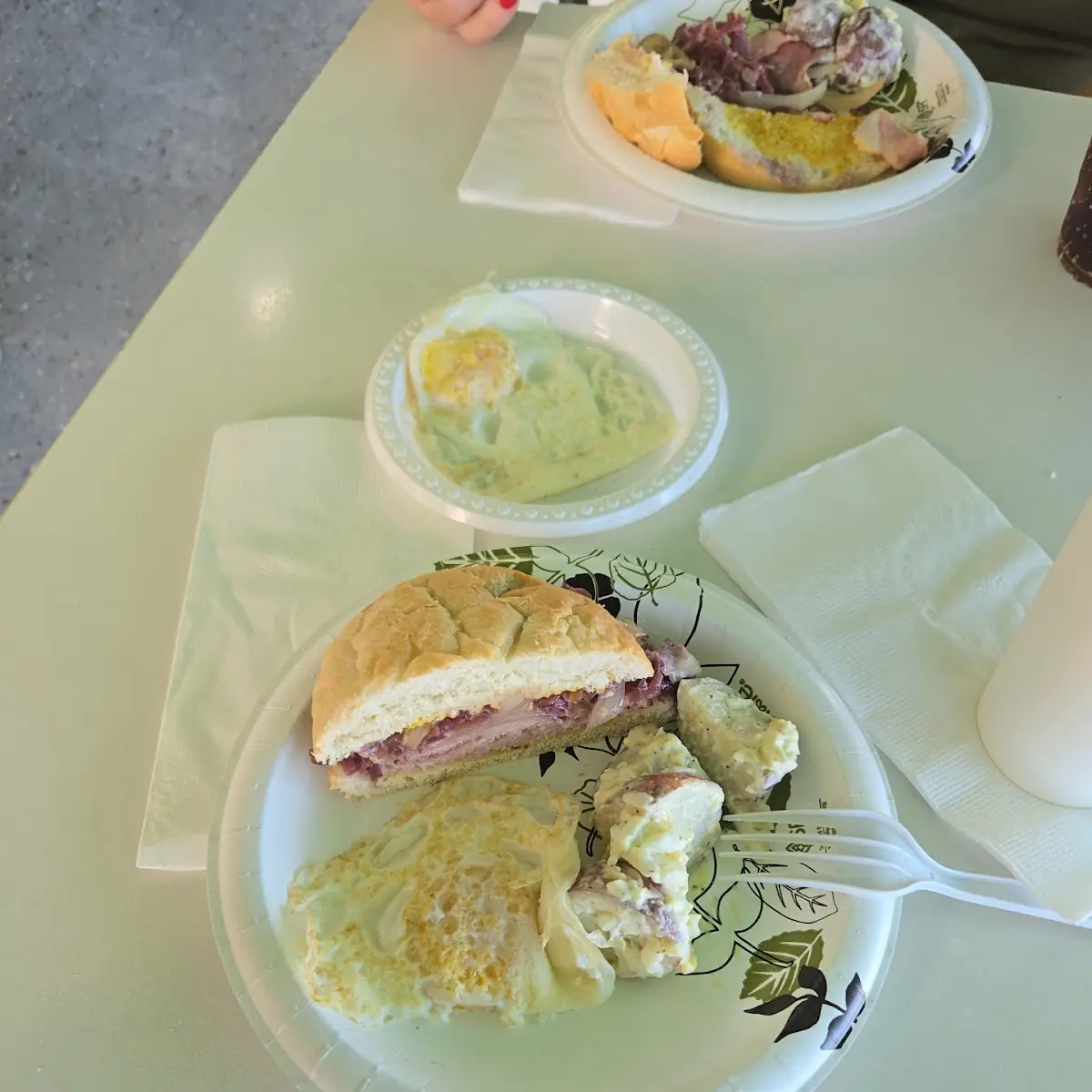 Thin Sliced Pork Sandwich with Eggs and Potato Salad