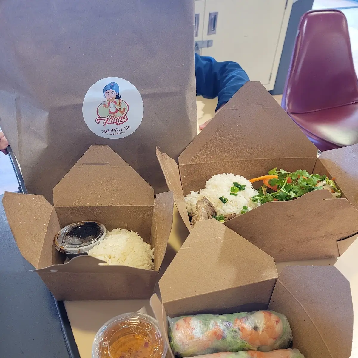 Spring Roll Rice with Sauce Lemongrass Chicken Rice Plate