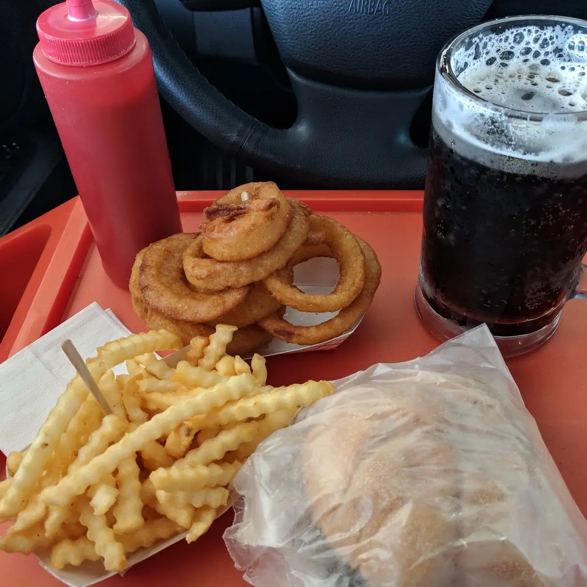 Fries and Onions Rings with a Draft Root Beer