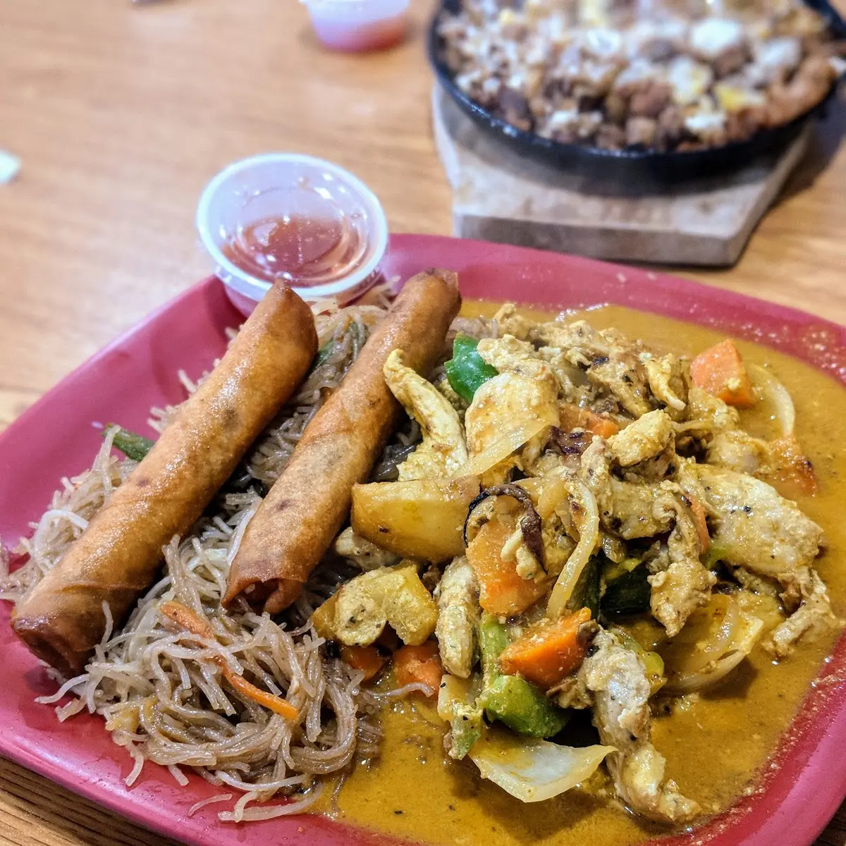 Chicken Curry with Noodles and Beef Eggrolls