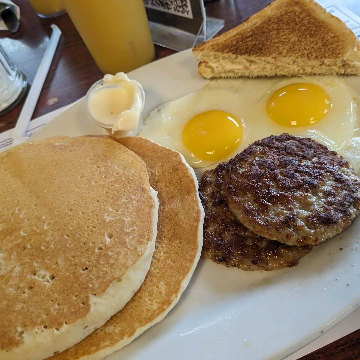 Eggs Sausage and Pancakes