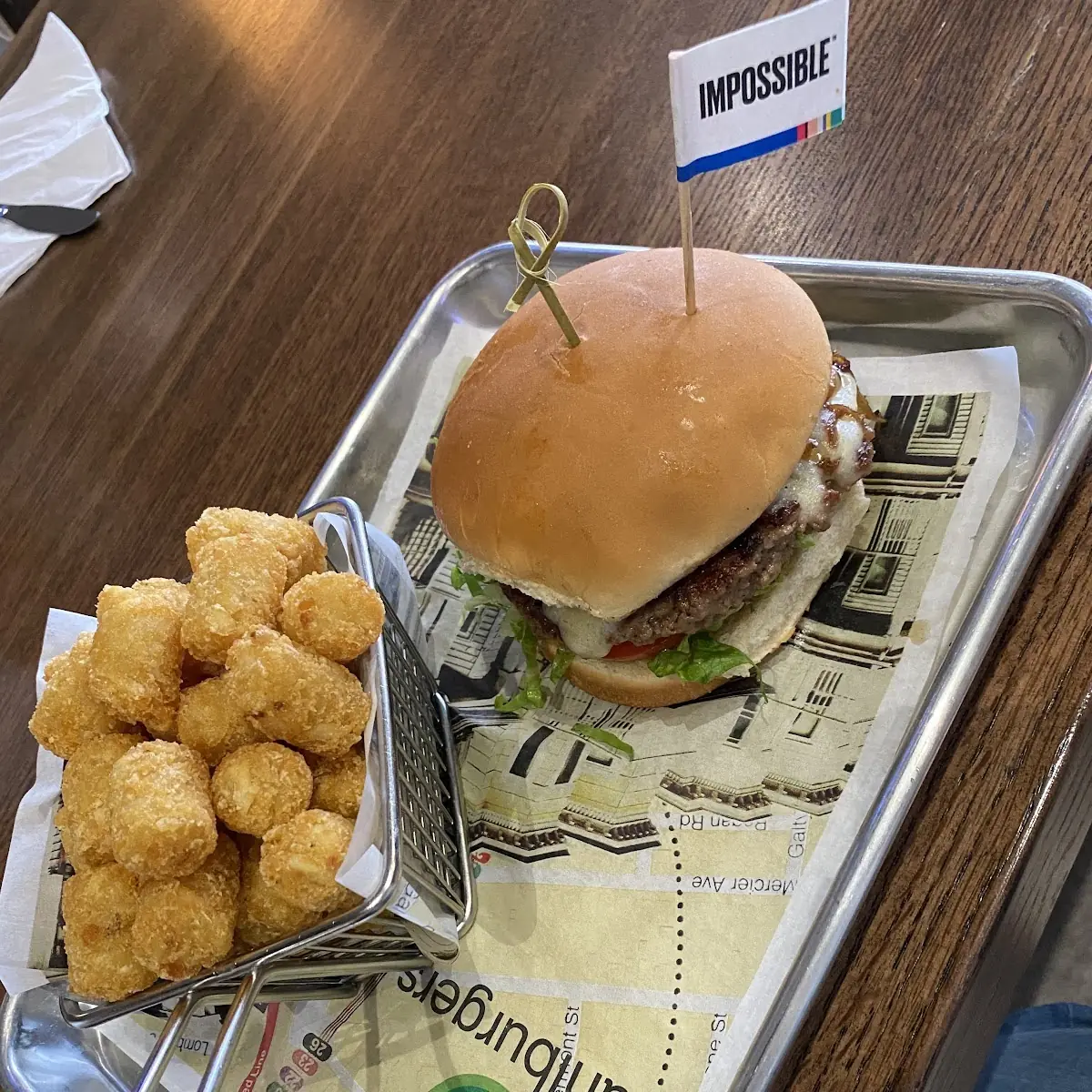 Impossible Burger and Tater Tots