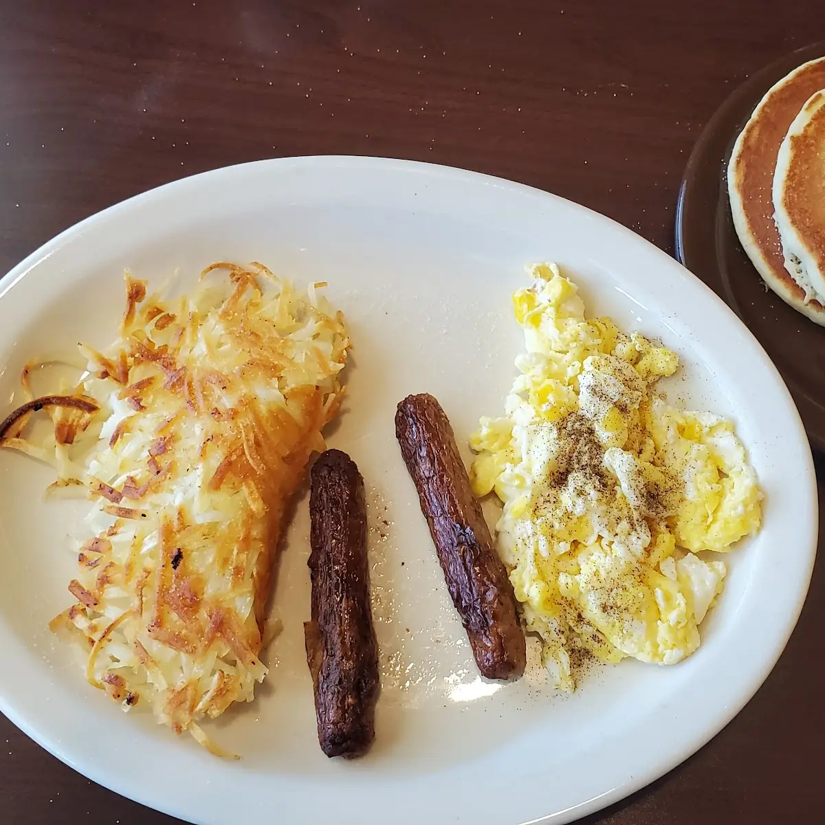 Rel Eggs Scrambled Sausage Hash Browns Pancakes