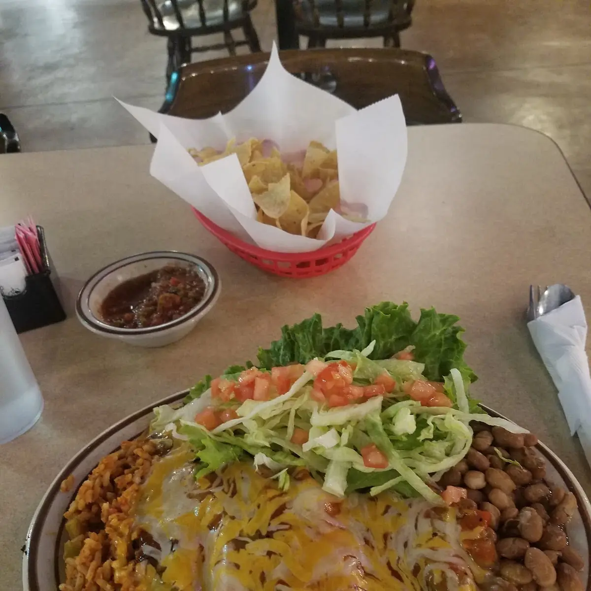 Red and Green Enchilada Plate and Chips and Salsa